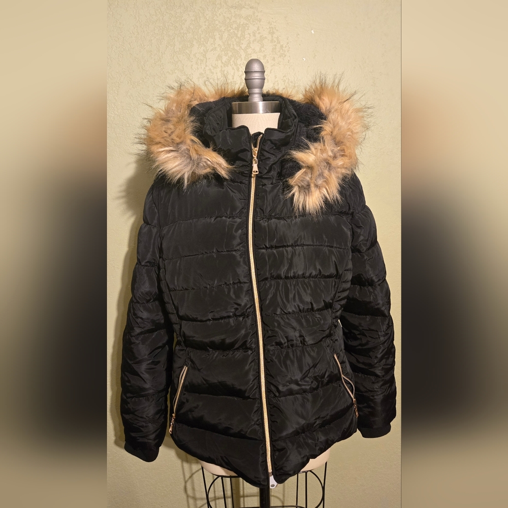 Women's Black Puffer Jacket with Faux Fur Trim Size 2X
